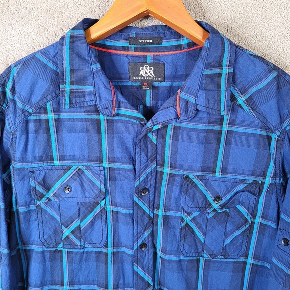 Rock Republic Shirt Mens XL Blue Check Button Down Pockets Cotton Blend Stretch - Picture 2 of 9